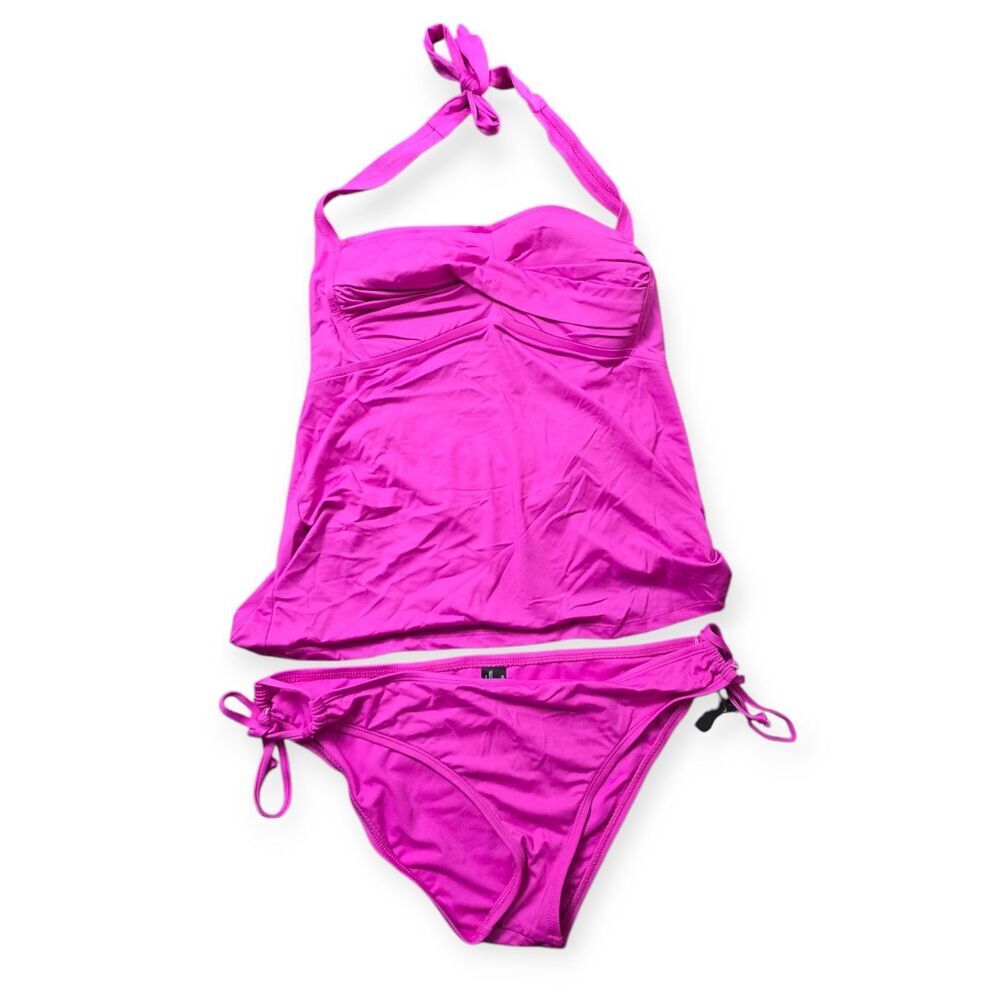 NWT Bisou Bisou Size L Magenta Pink Side Tie Tankini Bikini Swimwear New
